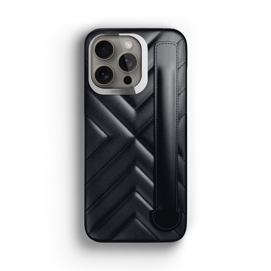Iphone 15 Pro Black Quilted Smooth Strap Case 