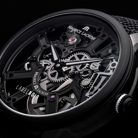 A photo of the case and glass from the Limited Edition Maurice Lacroix Masterpiece Skeleton by Label Noir