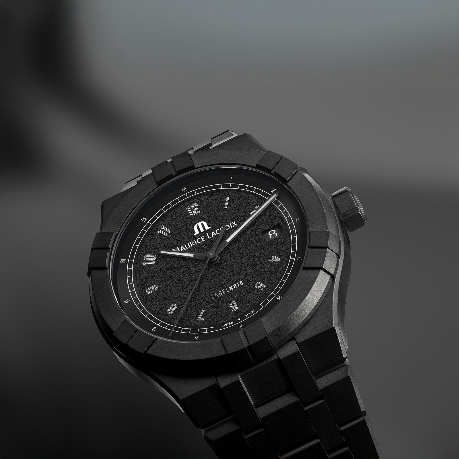 The Lab customization experience by Label Noir and Maurice Lacroix, showing options to create a personalized AIKON watch with customizable materials, dial, hands and strap